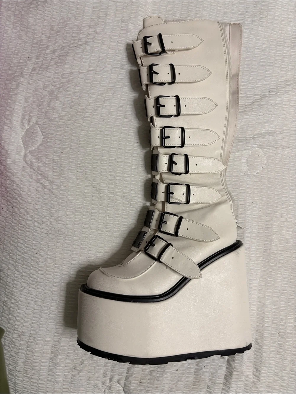 Demonia White Knee-High Platform Buckle Boots size 6 Goth